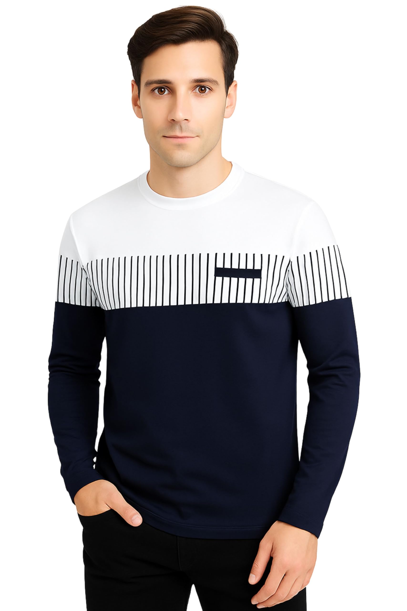 cutie boyz Men’s Navy Blue & White Stylish T-Shirt | Half Sleeve High Neck Casual Slim Fit Polo Style Tee with Striped Chest Design-picture-49