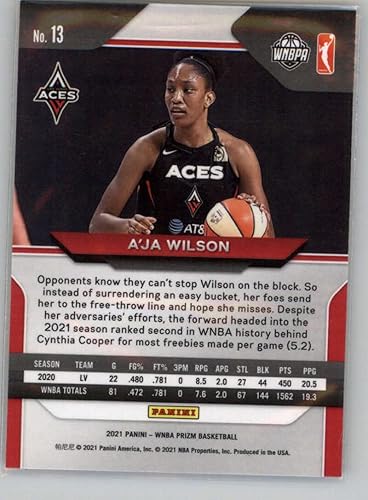 Miniatura 2 de 2021 Panini Prizm WNBA #13 A'ja Wilson Las Vegas Aces Official Basketball Trading Card in Raw (NM or Better) Condition