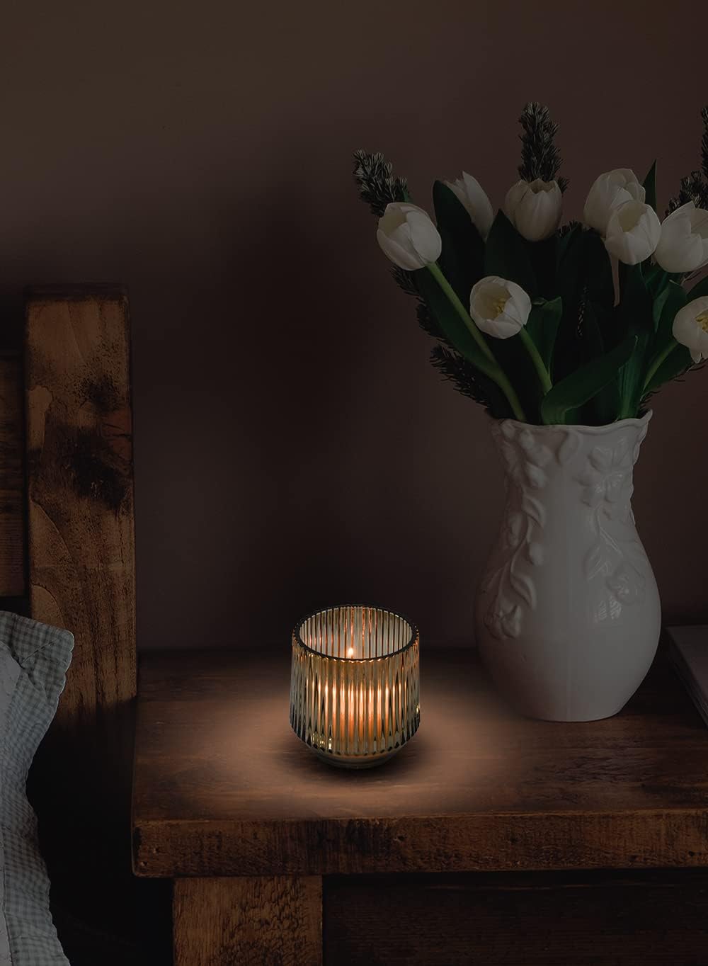 Serene Spaces Living Set of 4 Large Amber Pleated Glass Votive Holder, Perfect for Weddings and Home Décor, Measures 4" Tall and 3.75" Diameter