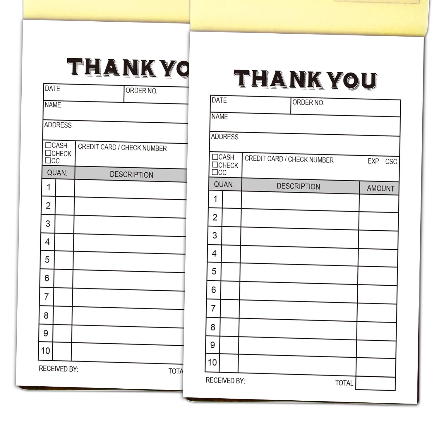2-Pack Thank You Receipt Pad, Sales Receipt Form, Order Book, Invoice Booklet for Small Boutique Business, 3.4"x5.5" Handheld, 100 Sets Carbonless-White/Yellow.