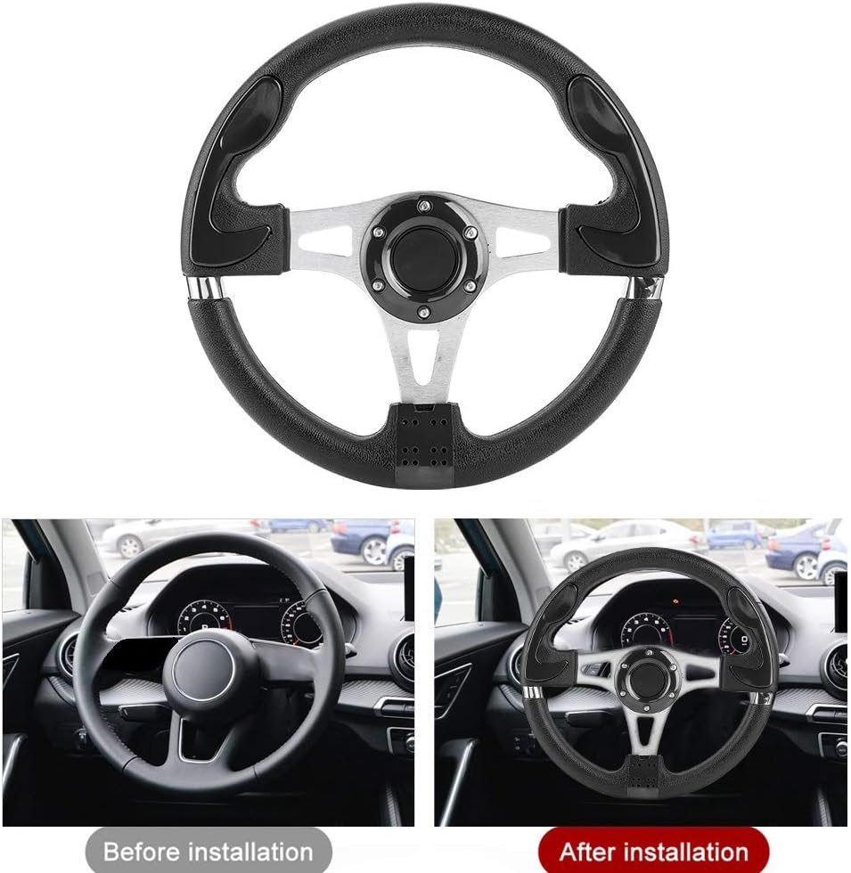 Sport Steering Wheel 320mm/12.5in Aluminum PVC 6-Bolt Steering Wheel with Horn Button Universal Auto Modified Parts (Black)