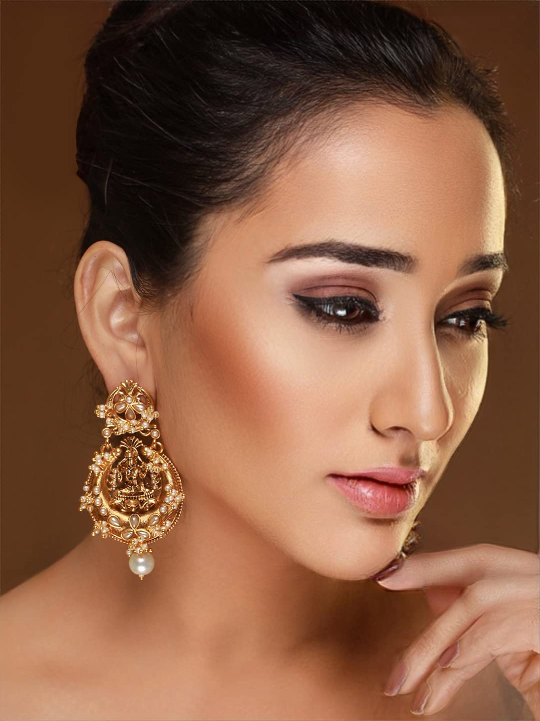 Goddess Laxmi Floral Pearl Plated Earrings