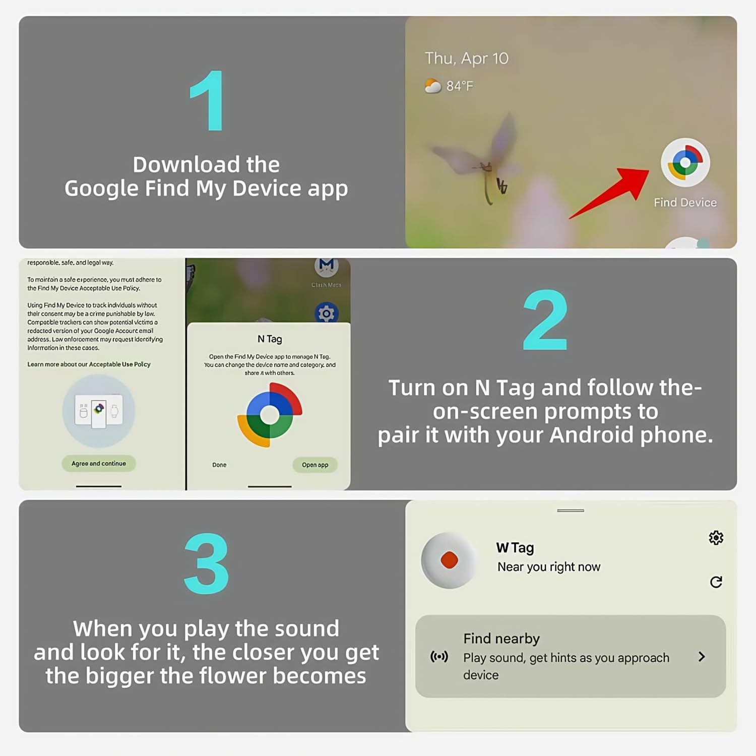 Lot de 2 mini étiquettes de localisateur d'air Android - Fonctionne avec Google Find My Device - Pour clés - Chien - Voiture - Pour personnes âgées - Véhicule - Moto - Étanche - Pas de GPS