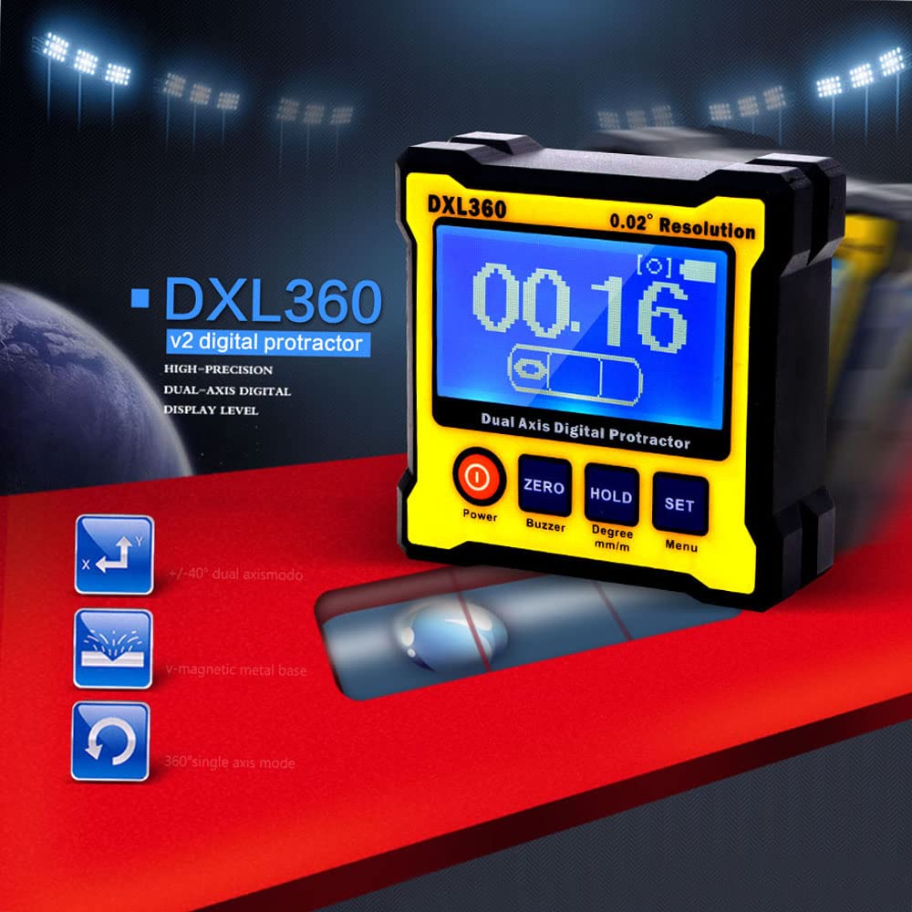 DXL360 - Transportador de ángulo digital de doble eje con base magnética de 5 lados, nivel de pantalla digital de doble eje de alta precisión 100-240V 50-60Hz