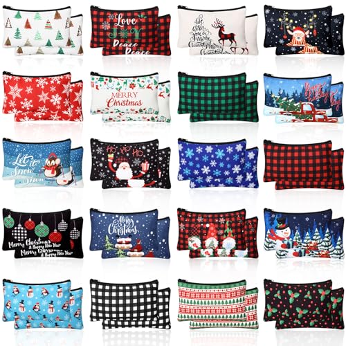 Reginary 60 Pcs Christmas Makeup Bags Bulk Xmas Cosmetic Bags 7 x 4.3 Inches Snowman Snowflake Santa Zipper Pouch Christmas Purses Gifts for Women