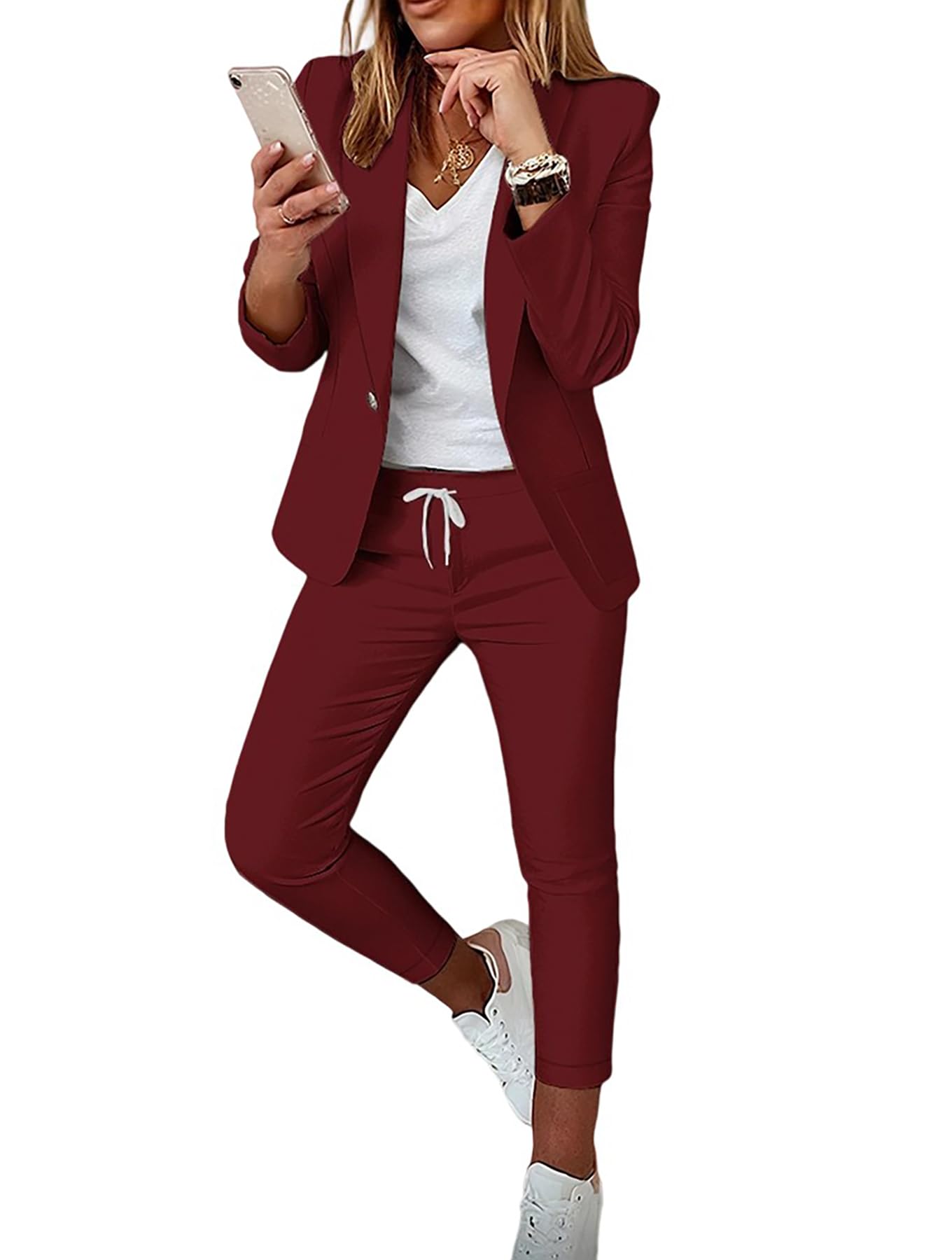 CHICME Womens Suits 2 Piece Set Notched Collar Blazer and Drawstring Pants Suits Set Casual Business Outfits