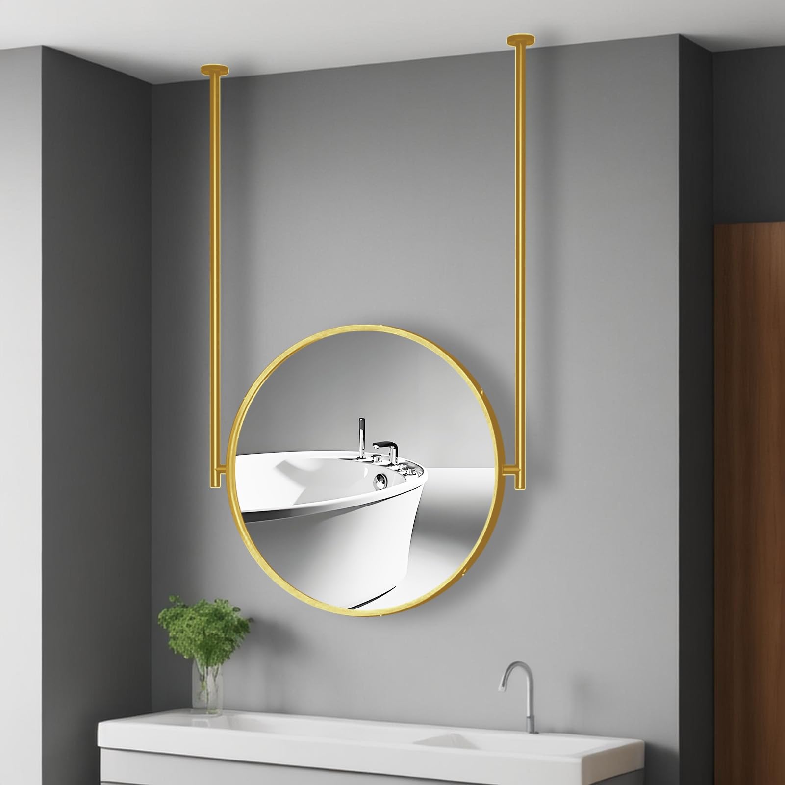 FGXHHS Rounded Ceiling Mounted Mirror with Customizable Hanging Rod, Gold Metal Frame for Living Room Bathroom Bedroom, Modern Decorative Mirrors(Diameter-50CM/19.7INCH)