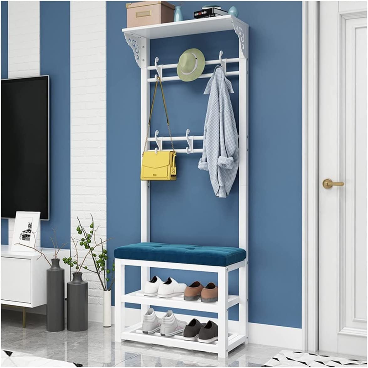 GDMDPTE Stylish Coat Rack Storage Bench with Cushion Seat 2-Tier Shoe Rack Cabinet for Living Room & Bedroom White & Blue 60cm - Ideal Entryway nizer