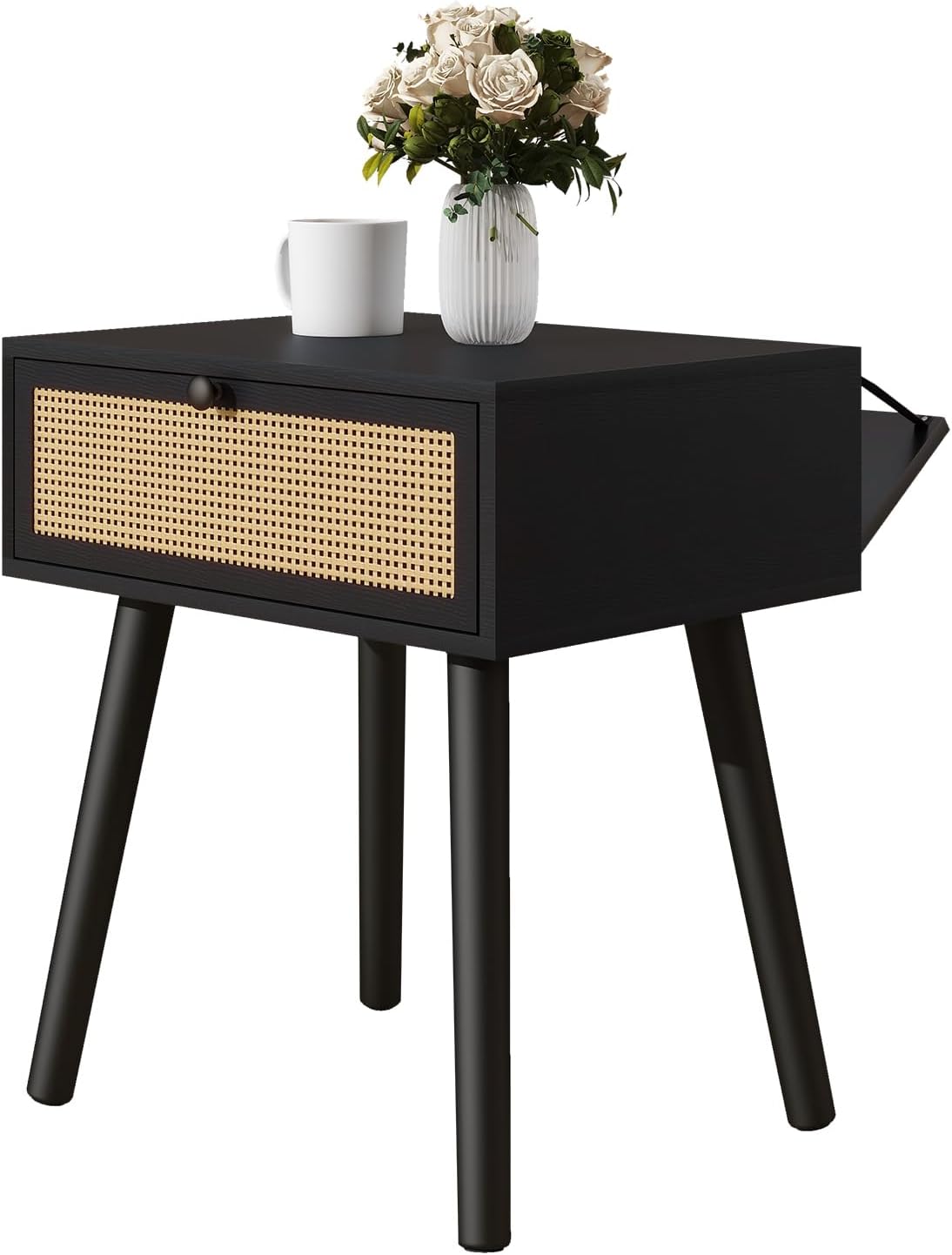 IBUYKE Hidden Compartment Nightstands, Rattan Nightstand with Wood Legs, Boho Side Table Concealment Furniture, Bedside End Table for Bedroom, Easy Assembly, Black UWNS010B