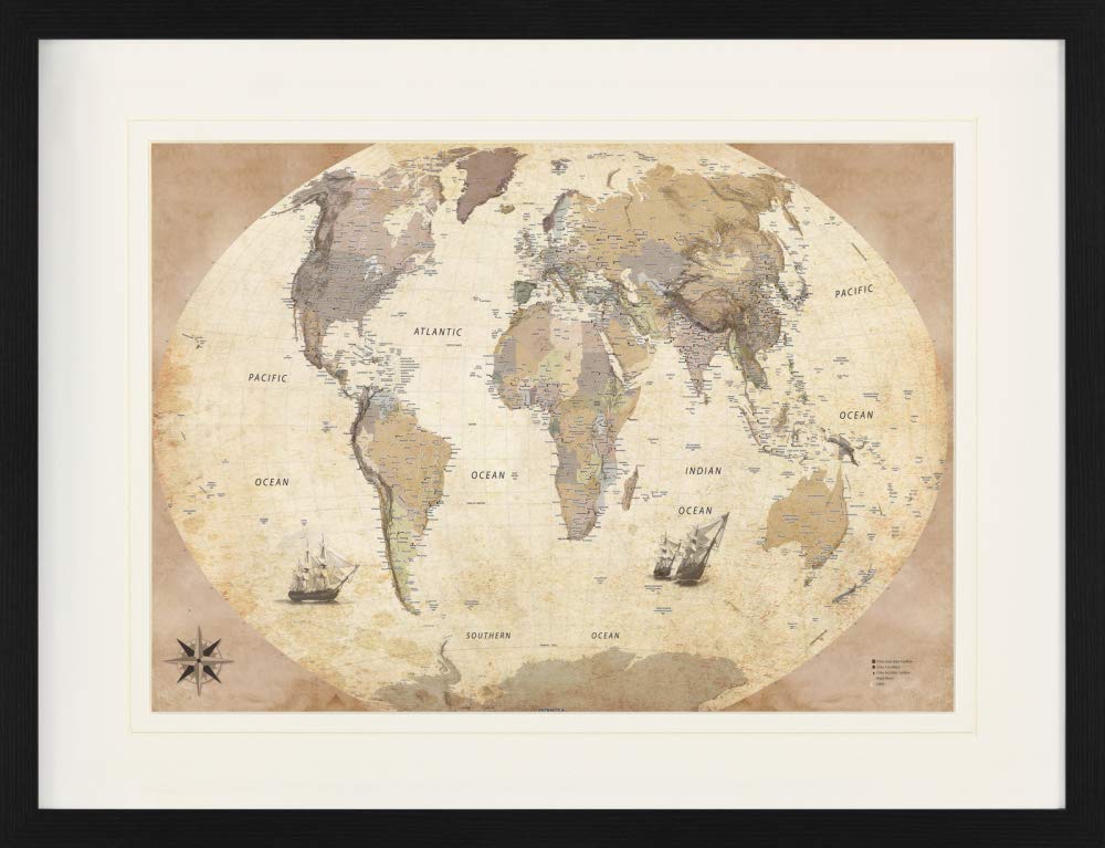 1art1 Karten Poster Weltkarte, Old Style, In Englisch Gerahmtes Bild Mit Edlem Passepartout | Wand-Bilder | Im Bilderrahmen 80x60 cm