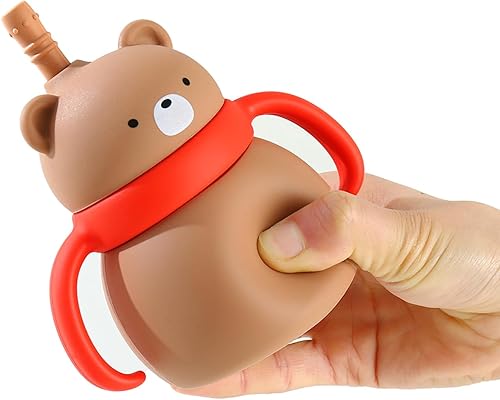 Miniatura 6 de PandaEar Taza de entrenamiento de silicona para bebés con asas y popote, sin BPA, a prueba de fugas para bebés y niños pequeños, 6.8 onzas (oso