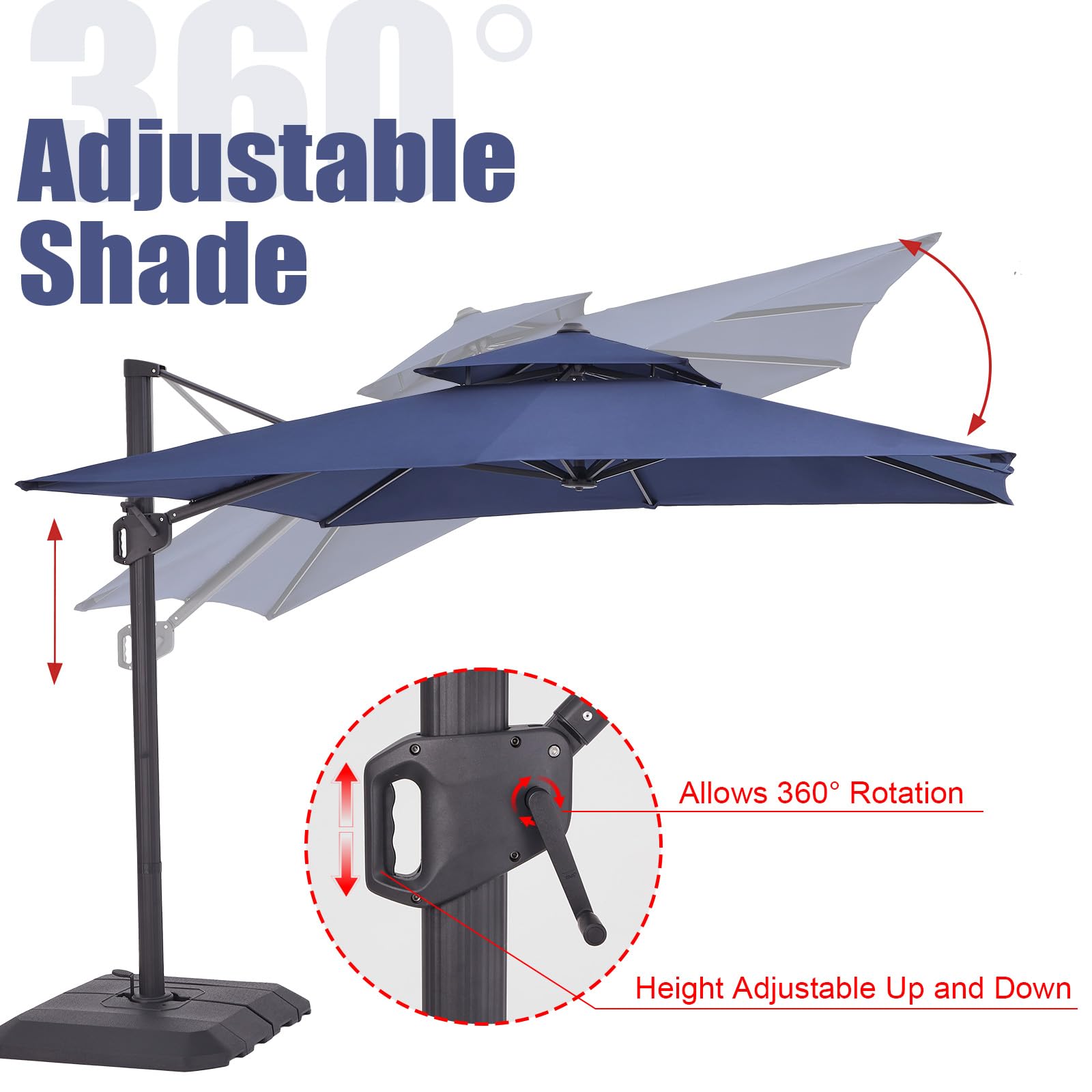 Garvee Parasol De Jardin En Aluminium 300 x 300 cm - Toile Anti-UV 50+, Imperméable, 8 Baleines, Manivelle Réglable, Rotation à 360°, Protection Contre Le Vent - Idéal Pour Terrasse, Balcon, Piscine