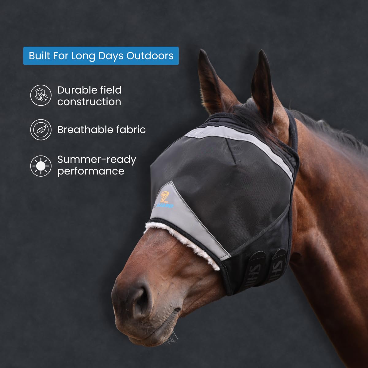 Shires FlyGuard Pro - Máscara de malla fina sin orejas, tamaño completo, poliéster ligero, protección contra moscas e insectos, malla fina transpirable para participación, pastoreo y uso estable