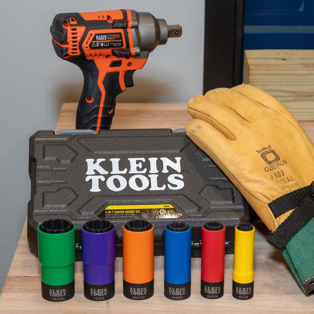 Klein Tools 66033 - Set di chiavi a bussola da 1/2" con bussole profonde SAE a 12 punti, alta visibilità, rivestimento colorato, custodia inclusa, 6 pezzi