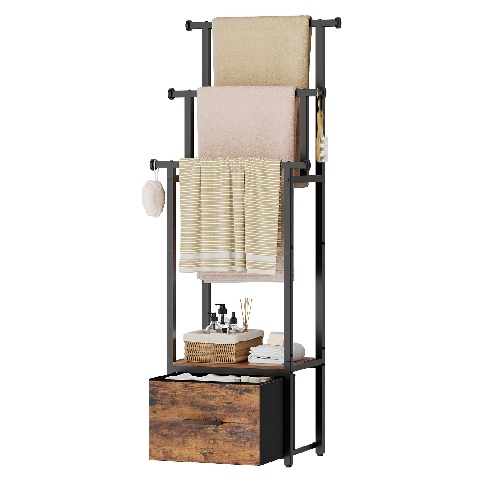 HOOBRO Free Standing Towel Rack with Storage, 3-Tier Towel Holder with Drawer, 61.8" Towel Drying Rack for Bathroom and Laundry, Rustic Brown and Black EBF241LB01