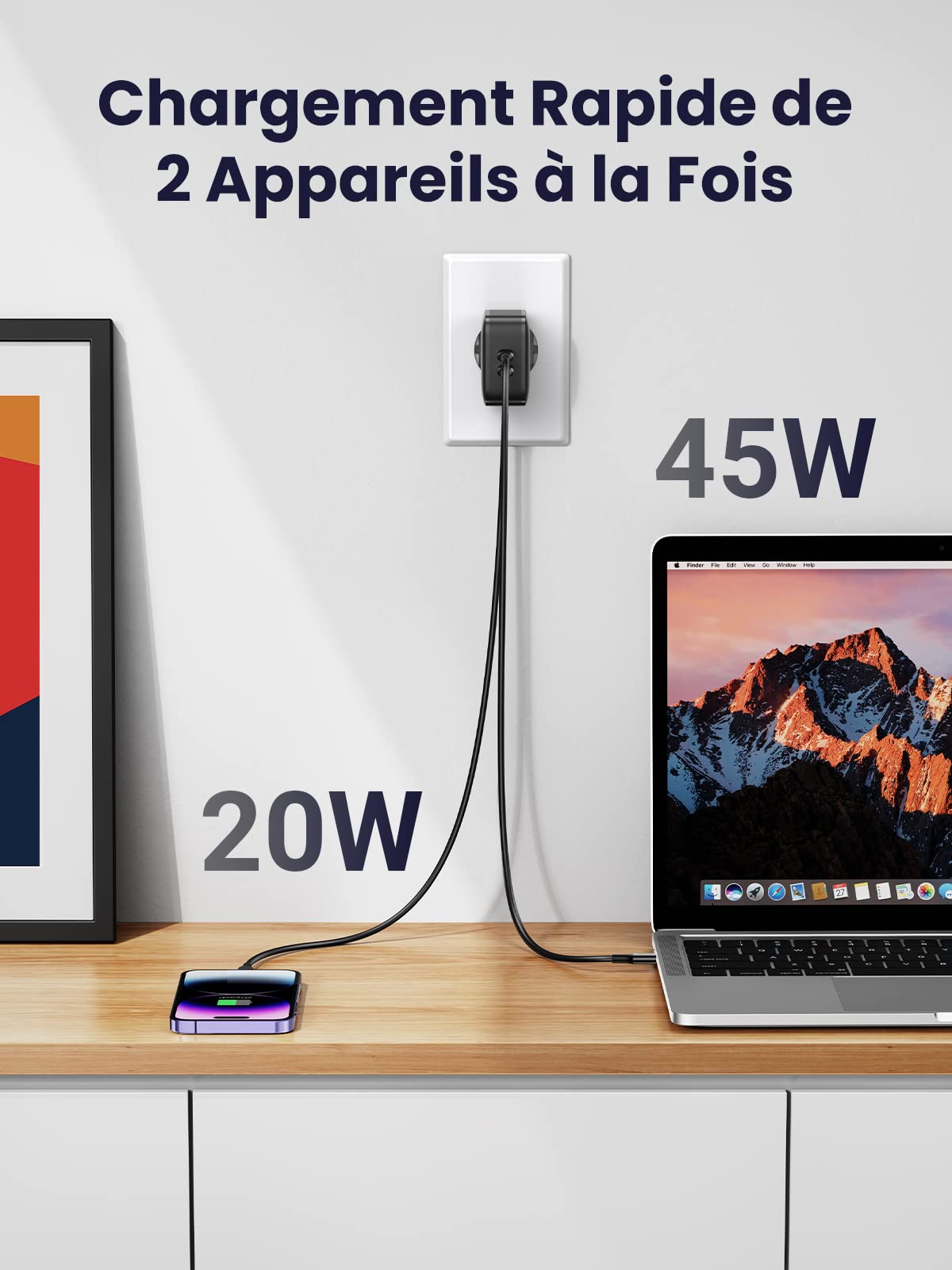 Ugreen - Chargeur Mural (70867) - 2X USB-C, PD, GaN 66W, 3.3A - Noir