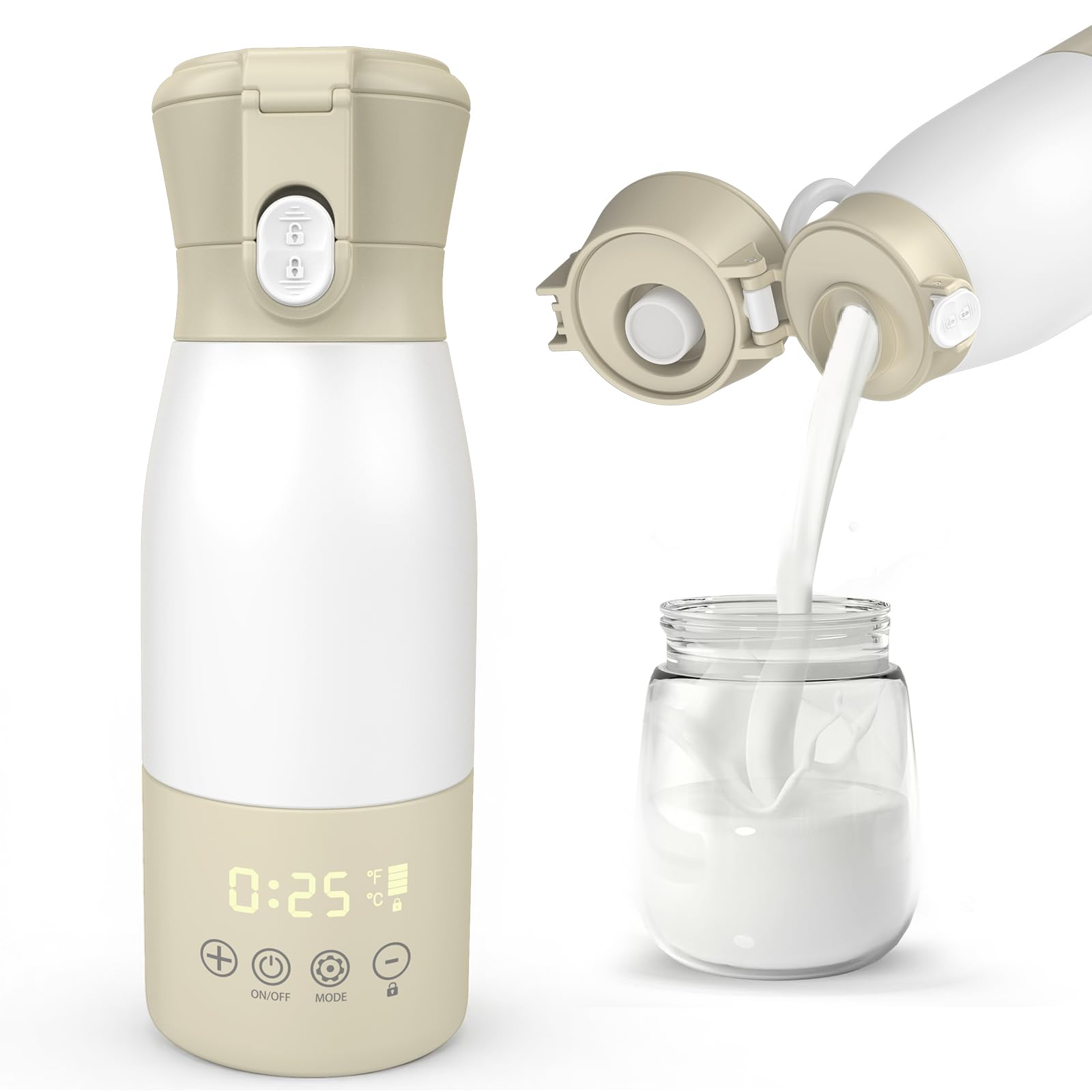 Chauffe-biberon portable pour bébé pour les déplacements, chauffage rapide en 5 minutes, capacité de 500 ml + batterie de 8000 mAh, 7 niveaux de température, acier inoxydable 316, pasteurisation 65 °C