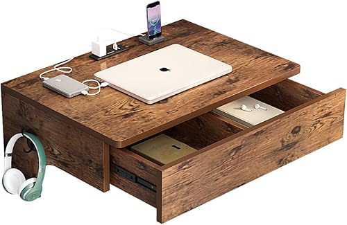 Miniatura 5 de Mesa montada en la pared con tomas de corriente, escritorio flotante multifuncional para computadora, mesa de estudio con cajón, mesa de computadora