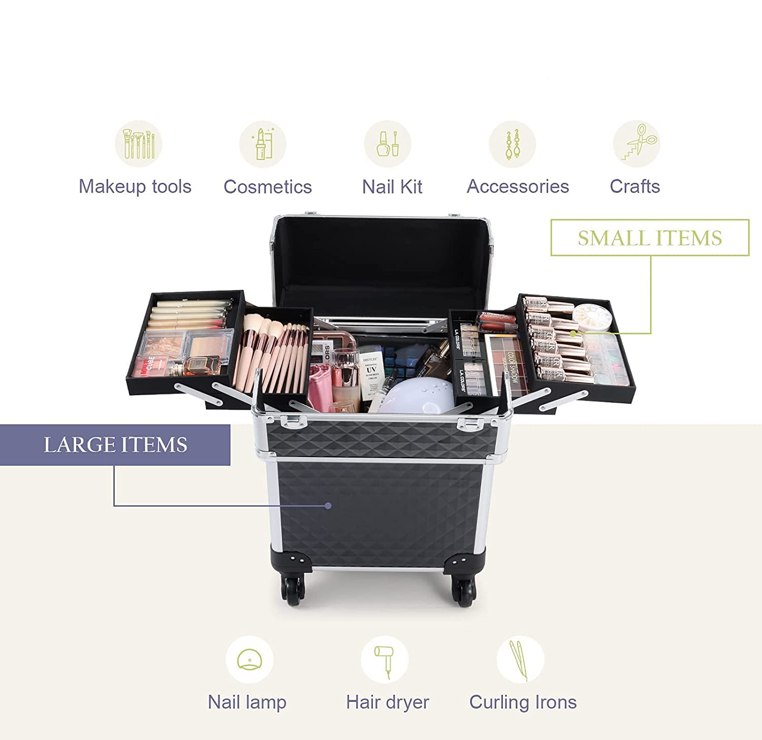 NFI essentials Aluminium Makeup Box with Keys Swivel Wheels Makeup Box Train Case Large Cosmetic Bag Vanity Trolley Organized Case for Barber and Makeupartist - Image 5 thumbnail