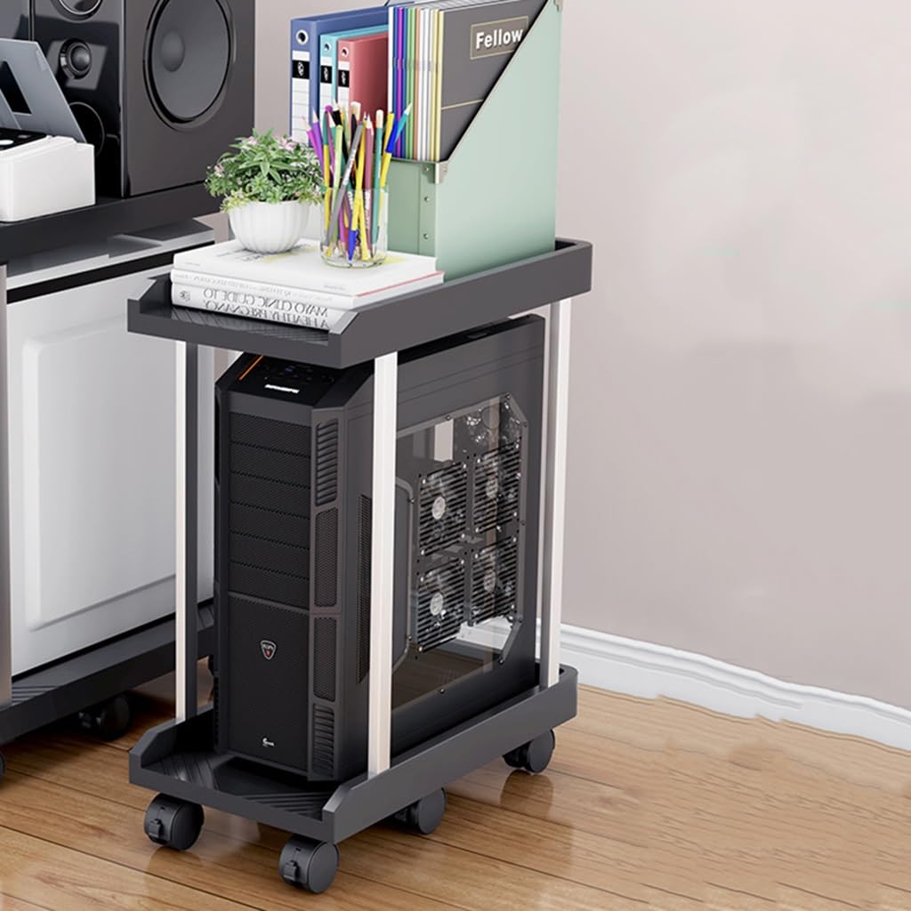 Computer Tower Stand, Desktop Computer Stand with 6 Lockable Wheels, 2-Tier CPU Holder Cart For Home Office (Color : Negro, S : 45.5 * 22.5 * 69cm)