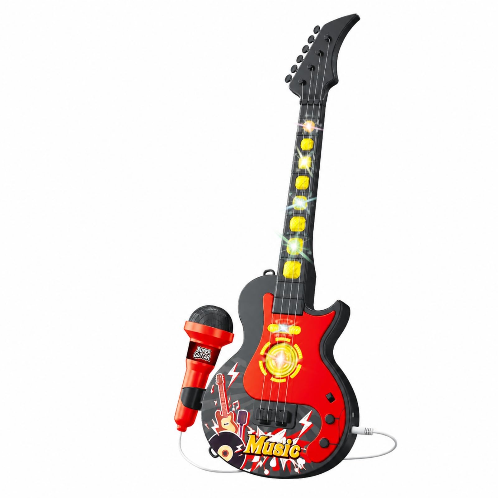 Chitarra Giocattolo con Microfono a Batteria Chitarra Giocattolo in Plastica Educativo per Bambini, Esibizioni Immaginarie, Casa, Nero