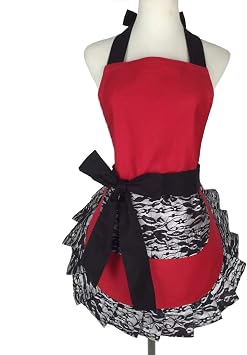 Hyzrz Cute Lace Flirty Apron with Pocket, Fun Retro Sexy Cooking Pinup Aprons for Women Girls Red
