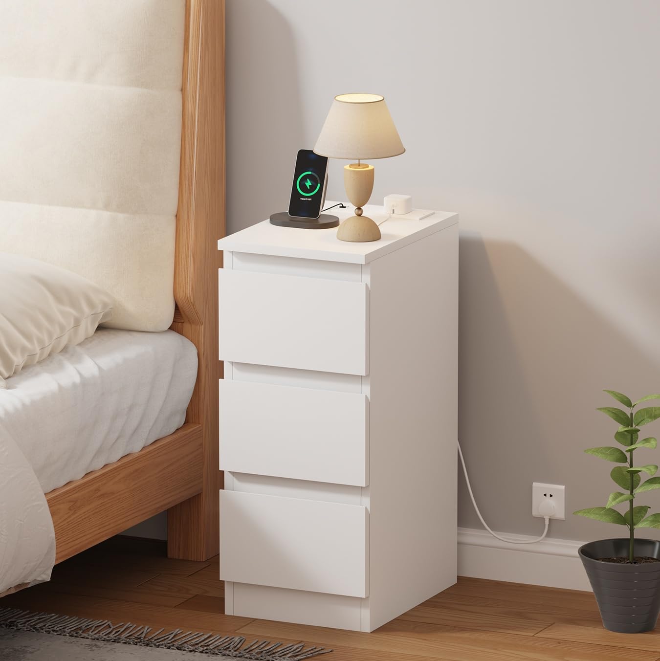 Pantanal Slim Bedside Table Cabinet with Charging Station, 3 Drawers Narrow Small Side Table Nightstand with USB Ports & Power Sockets for Bedroom Living Room โ image 1