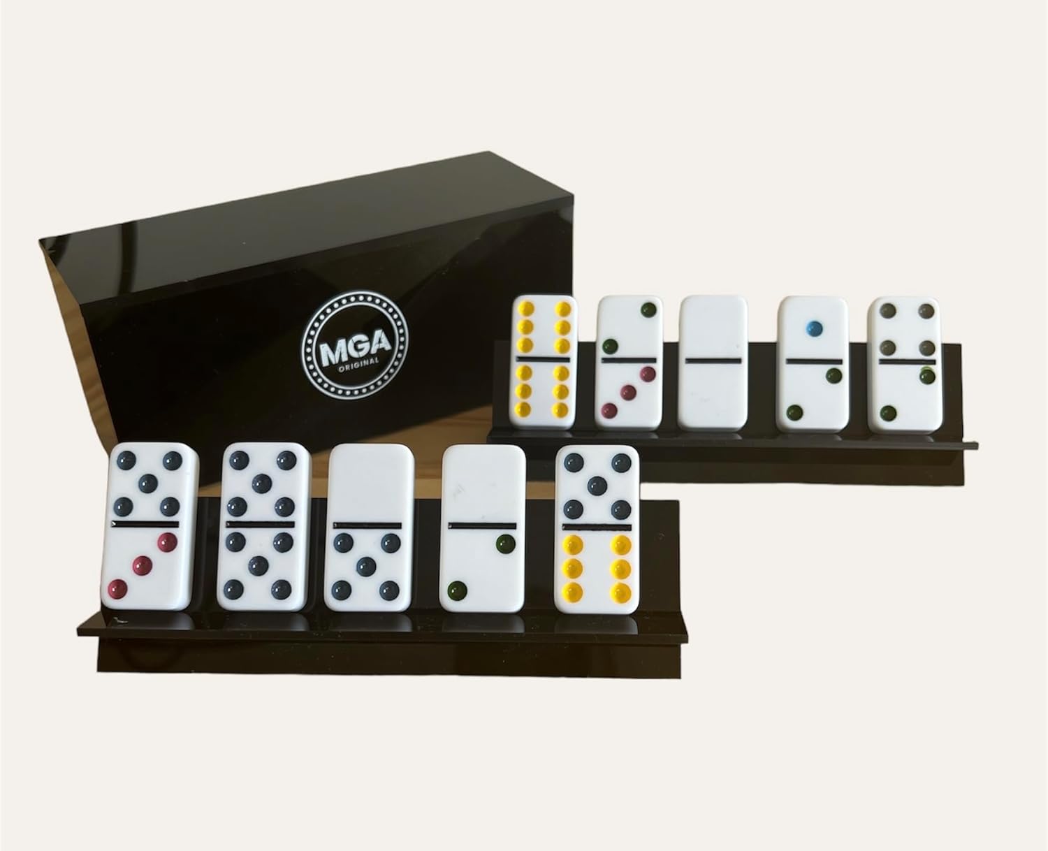 Acrylic Domino Set Elegance and Fun in Your Home,Deluxe Black Set, Great for Family Fun (Black, with 4 Holders)