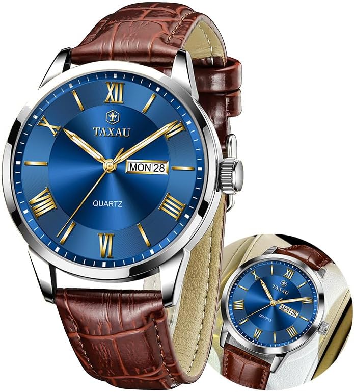 Taxau Men's Watch Big Face Easy Read Arabic Numeral Dress Watches for Men Classic Black Brown Leather Band Analog Mens Wrist Watch with Day and Date Fashion Business Waterproof Luminous Quartz Watch