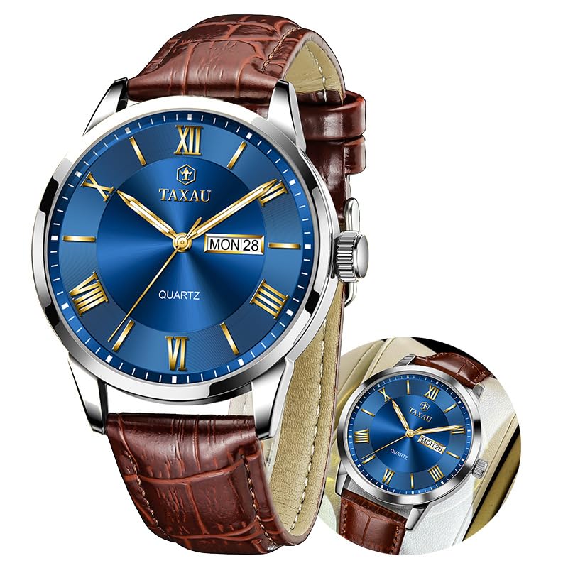 Taxau Klassische Lederuhren für Männer Analog Quartz Big Dial Luxus Armbanduhren Wasserdicht Luminous Day Date Reloj para Hombre