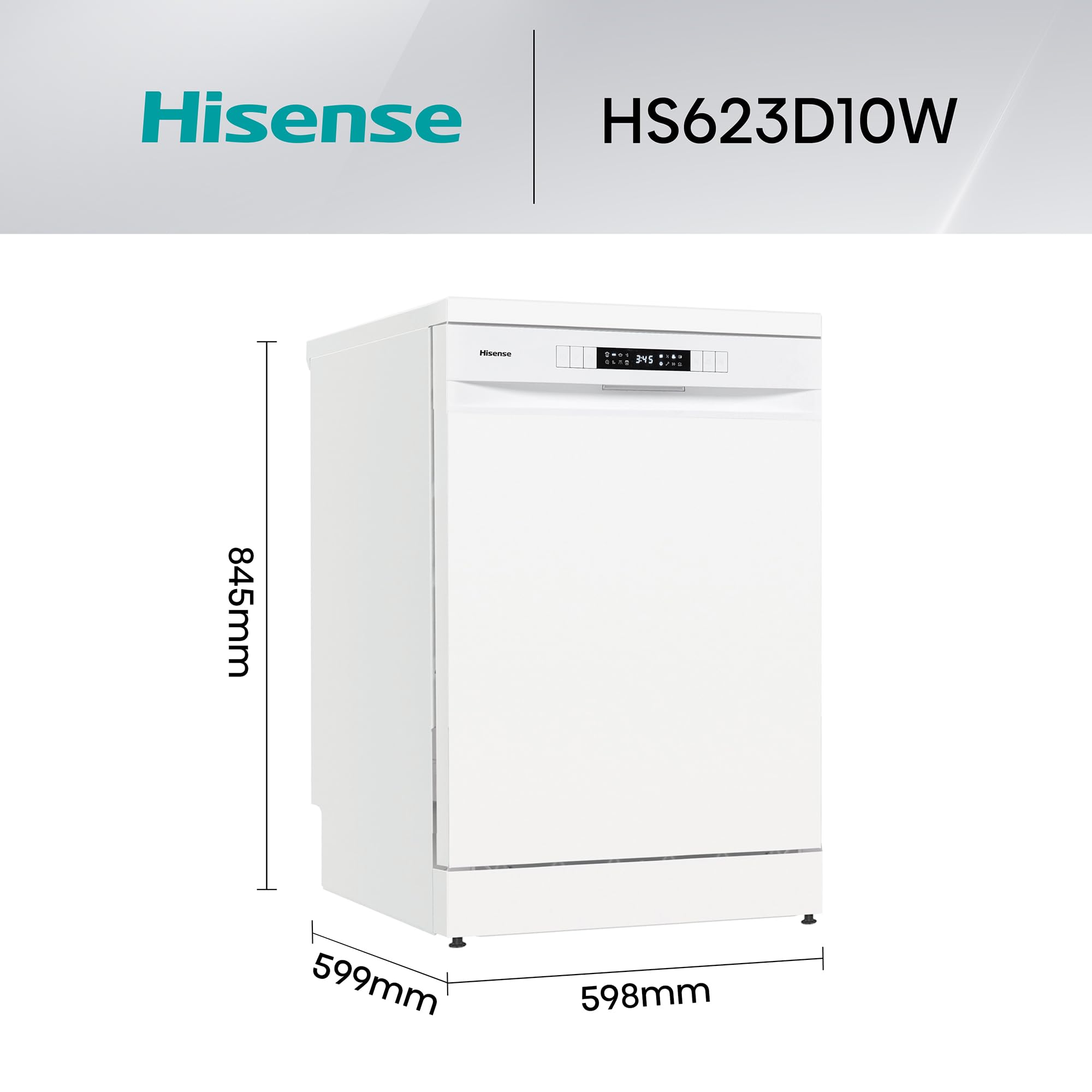 Hisense HS623D10W - Lavavajillas Independiente 60 cm, 3º Bandeja, Bajo consumo, 14 Cubiertos, 7 Programas, 47 dB con modo Lavado Rápido, Libre instalación, Blanco