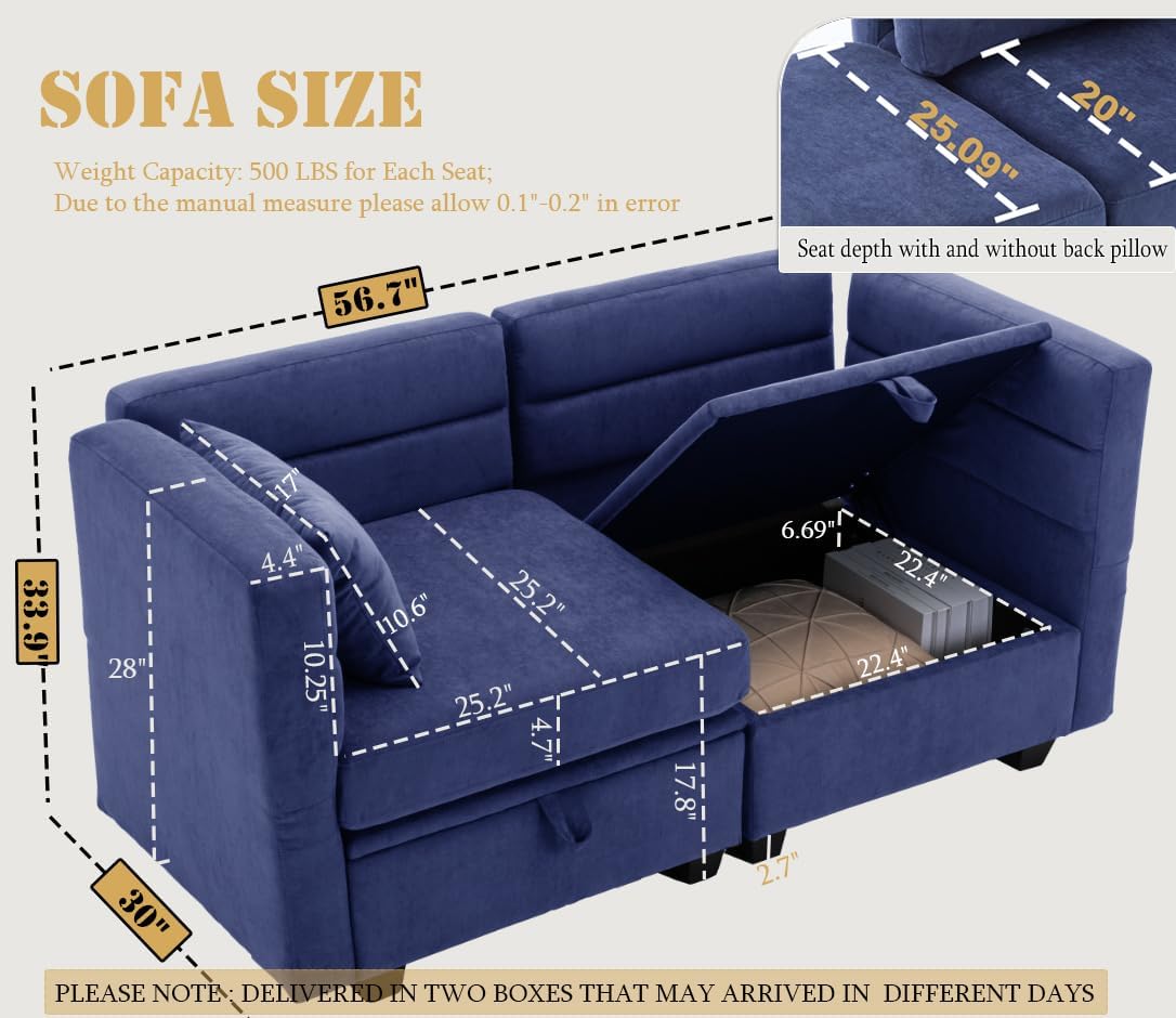 Modular Sectional Loveseat Small Couch with Storage Seats, Navy Blue Love Seat Couch for Small Spaces, with Reclining Arms and Backs, 2 Seater Storage Loveseat Sofa for Bedroom, Dorm, Offices