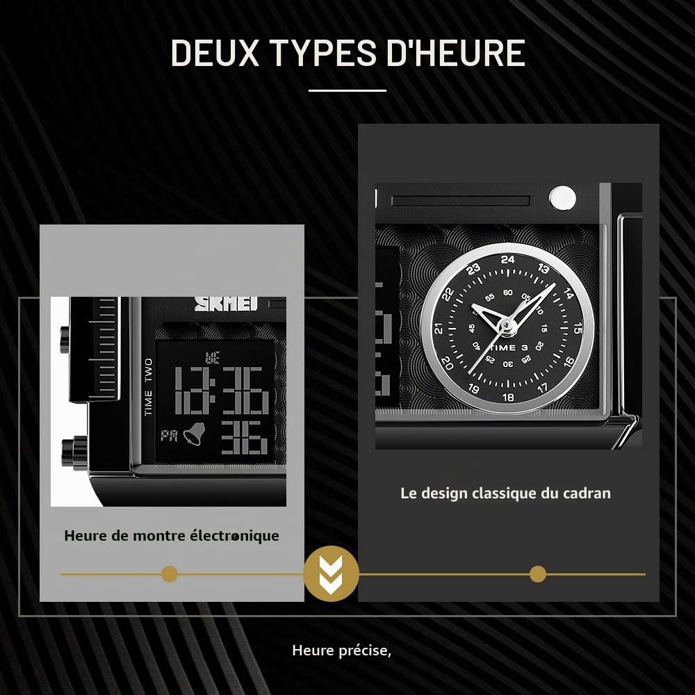 SKMEI Montre de sport numérique pour homme avec grand cadran LED carré et affichage analogique à quartz avec plusieurs fuseaux horaires et chronomètre