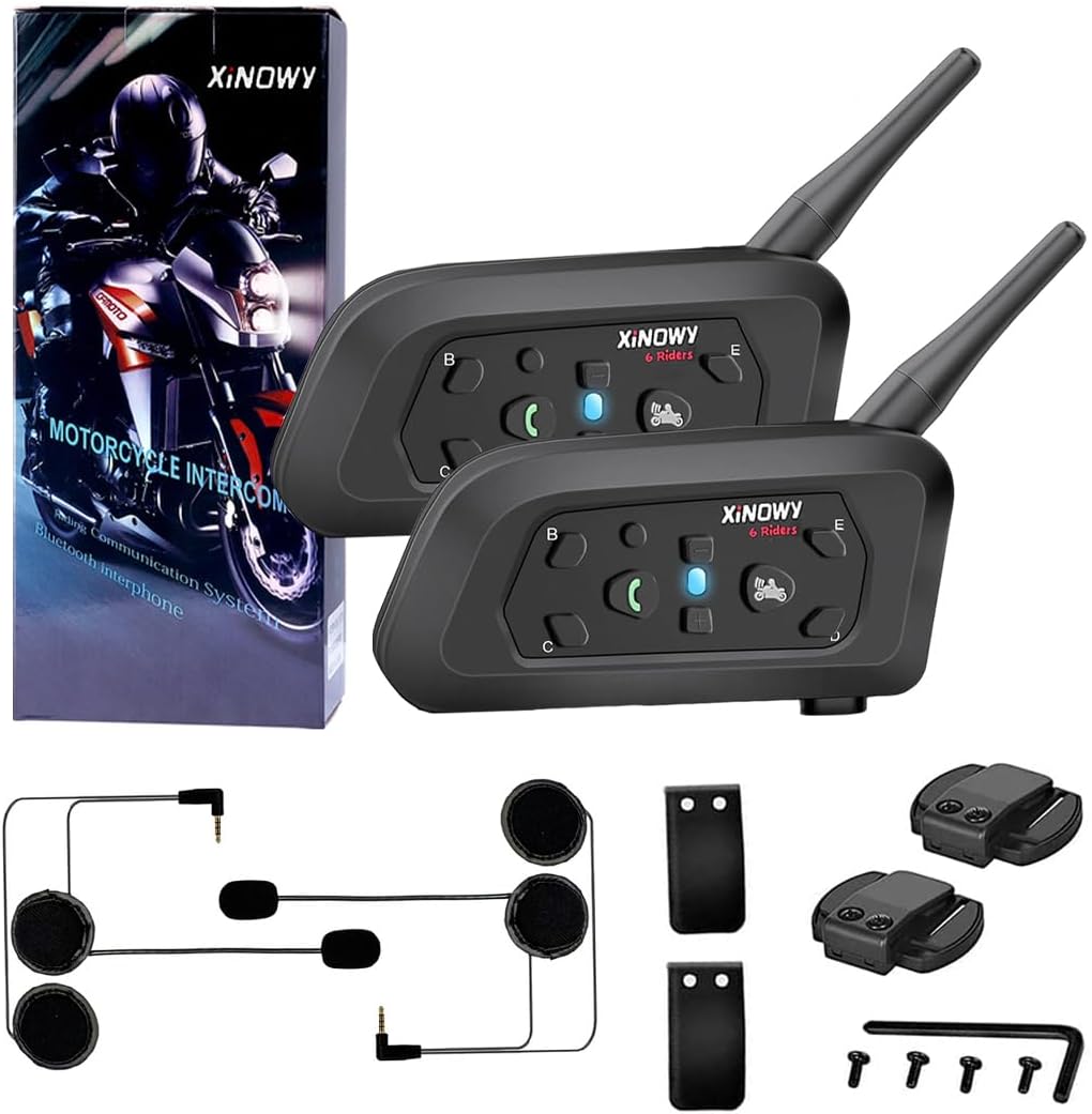 V6 Motorcycle Helmet Intercom Wireless Bluetooth Motorcycle Intercom Headset, 1200m 6 Riders, for Climb Ski Long Journey Outdoor Sports (2 Pack)
