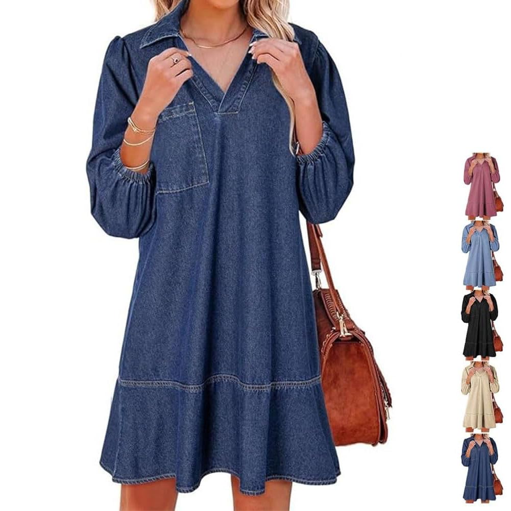 Vestido Vaquero con Capas, Cuello en V y Mangas abullonadas para Mujer, Vestidos Vaqueros con Volantes y Mangas 3/4, Vestido Vaquero Camisero Holgado de Verano con Bolsillos. (Lndigo,S)