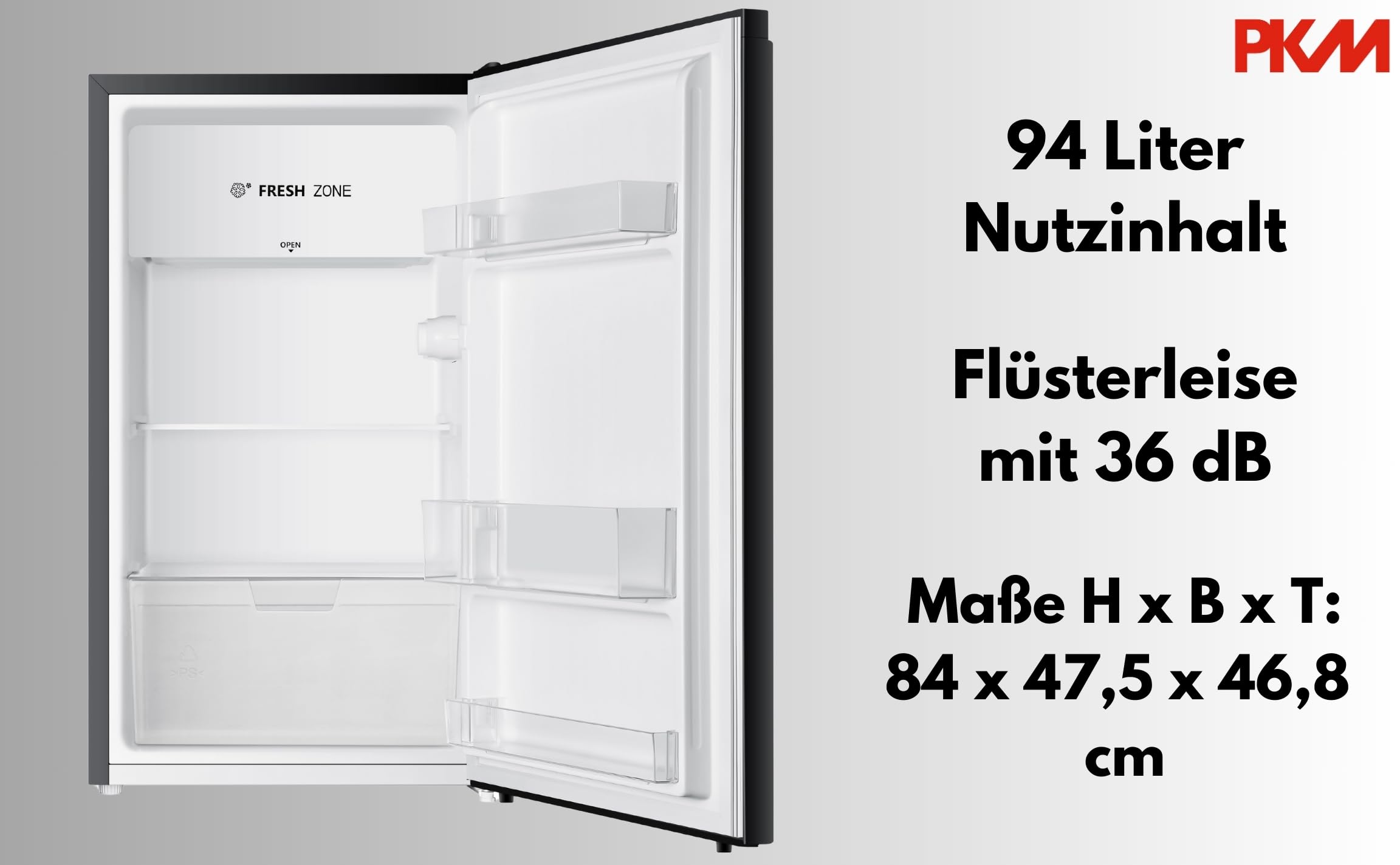 PKM KS93EB Réfrigérateur avec zone de stockage à froid | 94 l | Noir | Très silencieux avec 36 dB | Butée de porte interchangeable | 1 tiroir à légumes | Largeur 47,5 cm | Thermostat réglable | Classe