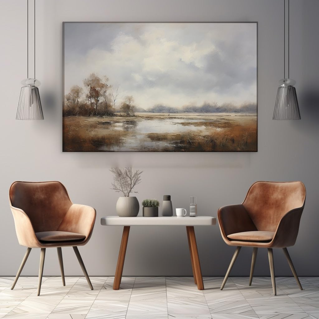 Canvas for Living room. Autumn Haze and Water Reflections � Capturing the Serenity of a Muted Prairie Landscape, 27 x 18 inch Canvas Wall Art - Contemporary Masterpieces - Modern Home Decor