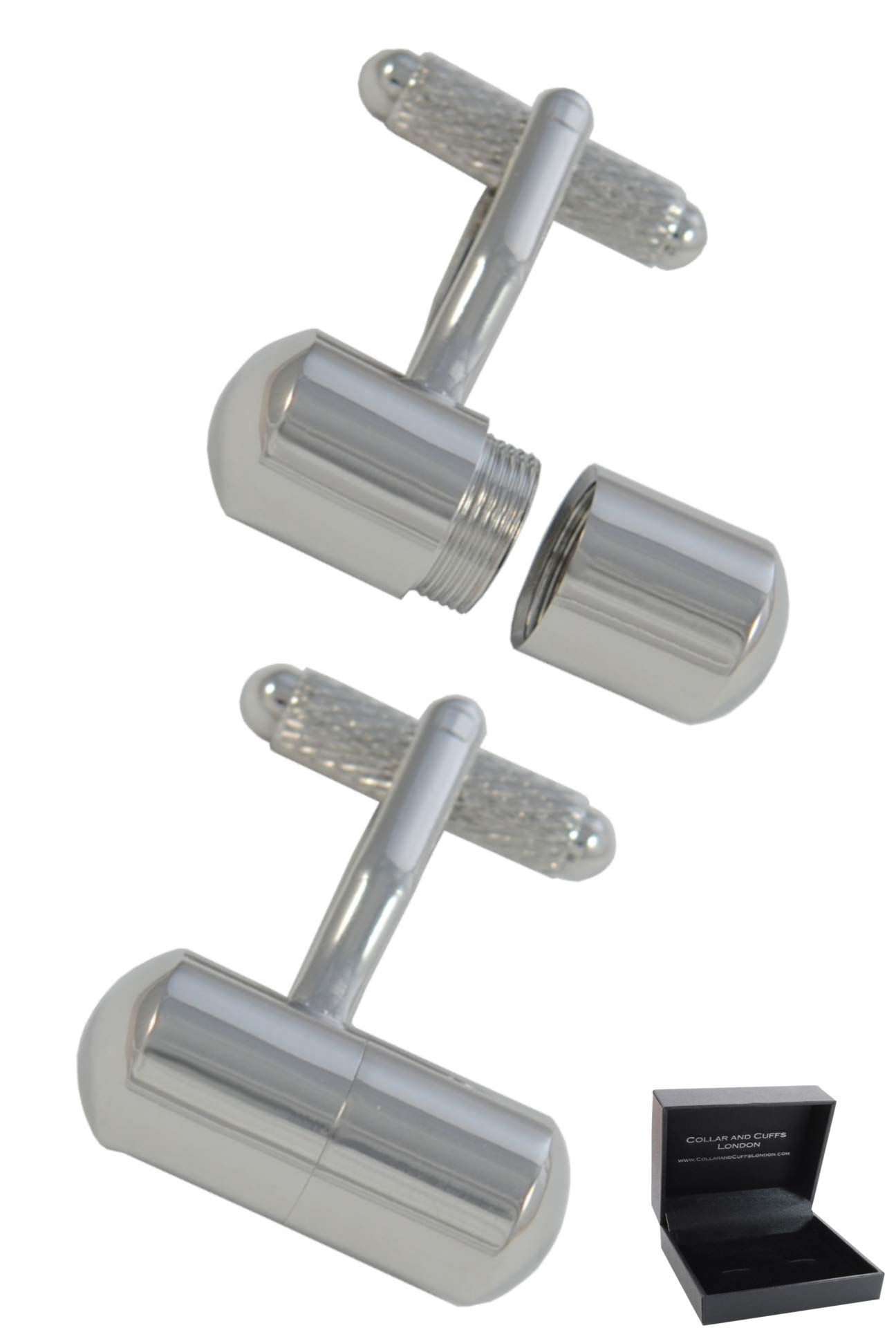 Boutons de Manchette - Avec Boîte - Pour Homme - Capsule Secrète | Couleur Argent - Laiton - Dévisser pour Révéler le Compartiment Secret - Une Paire