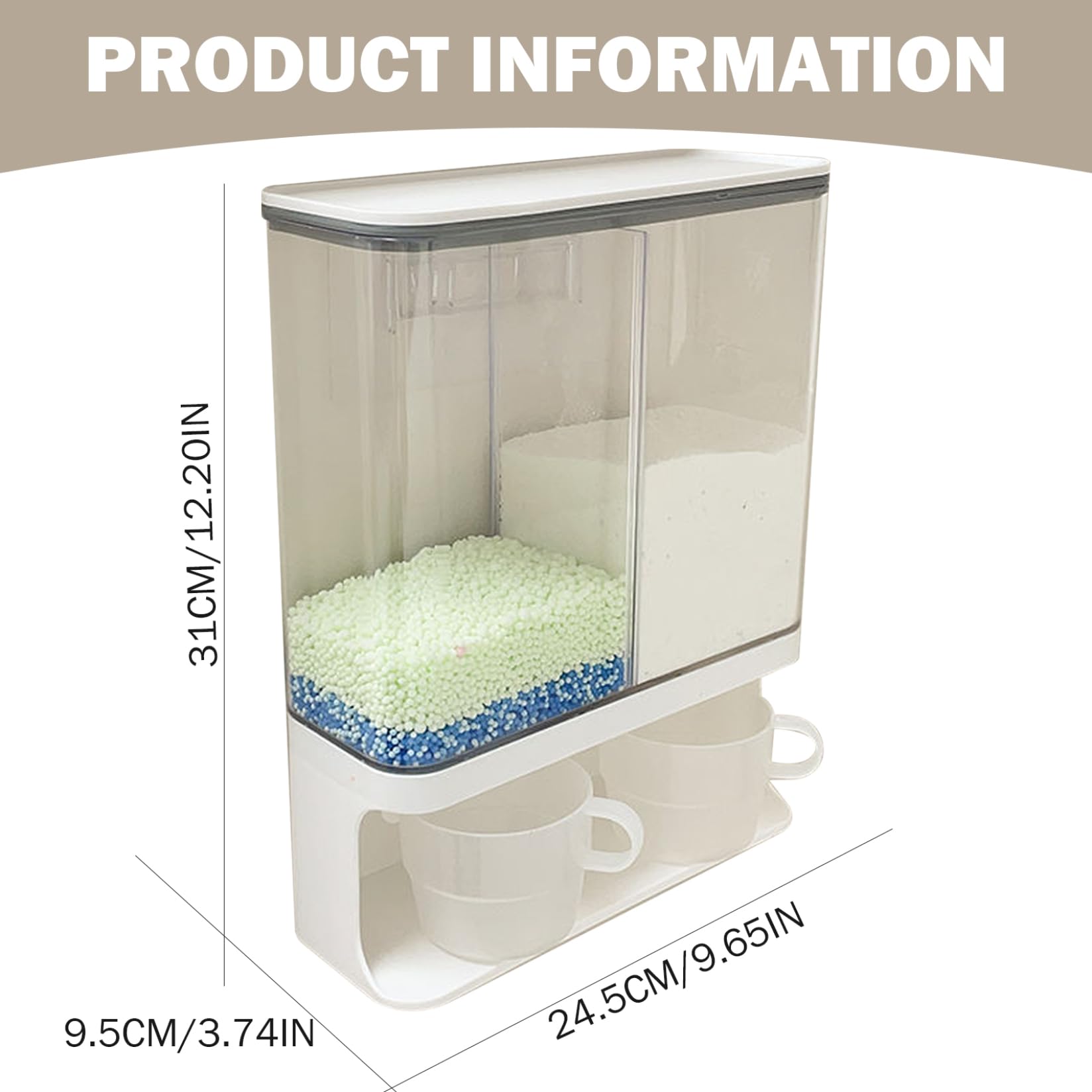 Dispensador de polvo para lavandería, 3000 ml, dispensador de detergente transparente impermeable a prueba de polvo, contenedor de polvo de lavandería montado en la pared con 2 tazas