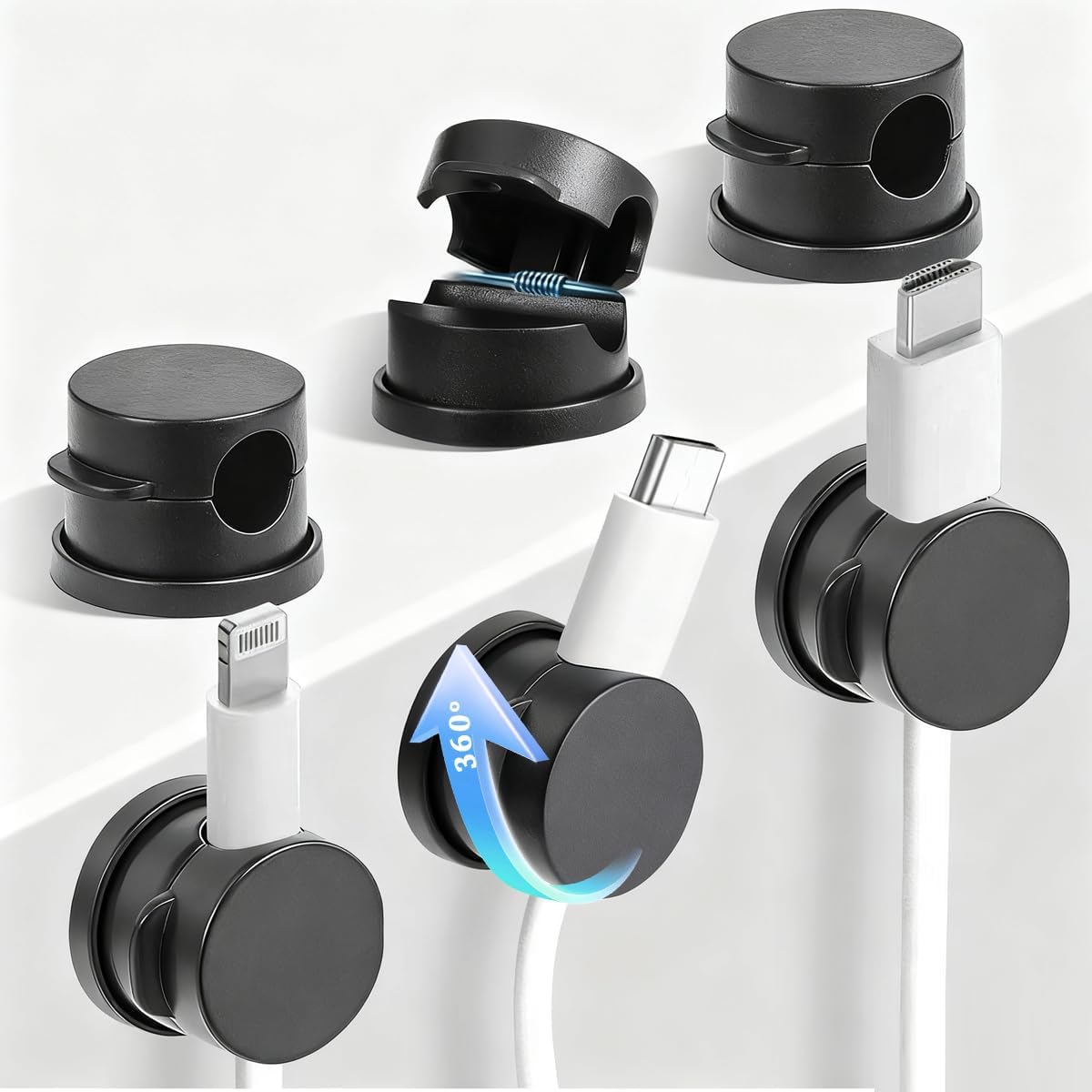 6pcs Cable Holder, Magnetic Cable Clips, Black Cable Management Kit, Adhesive Cable Organizer for Desk, No Drill Cord Holder for Home Office, Car, Kitchen(360° Swivel)