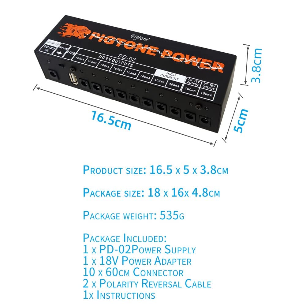 Alimentatore a pedale per chitarra, 10 uscite DC isolate per pedale effetto 9 V/12 V/18 V con porta USB PD-02