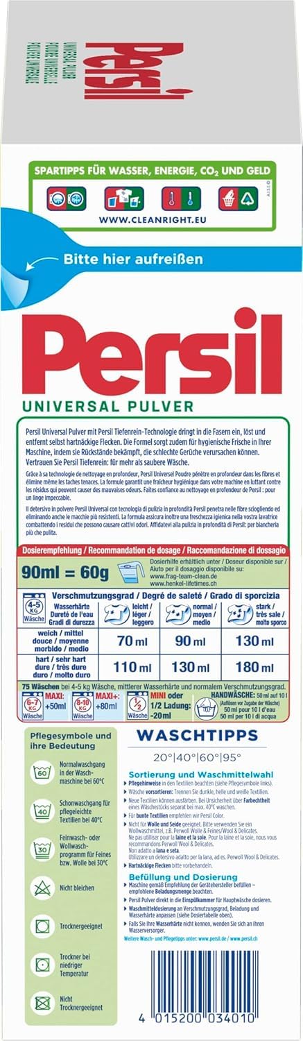 Persil Polvo universal de limpieza profunda (75 lavados), detergente completo para ropa pura y frescura higiénica para la máquina, eficaz de 20 °C a 95 °C
