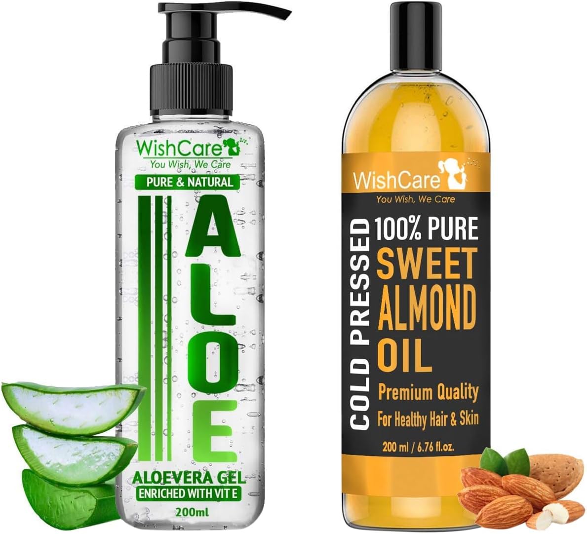WishCare® Pure Cold Pressed Sweet Almond Oil for Hair Growth and Glowing Skin & Face - 200ml & WishCare® Pure & Natural Aloe Vera Gel - 200 Ml