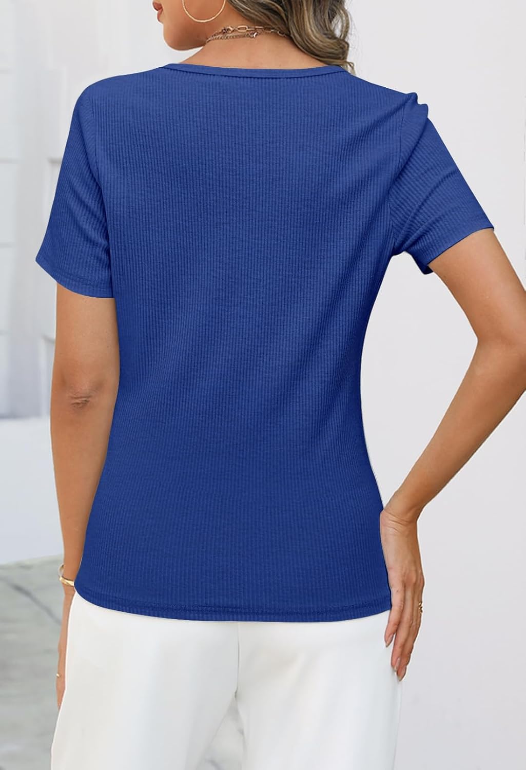 MEROKEETY Women's 2026 Summer Short Sleeve Tops Casual V Neck T Shirts Ribbed Knit Henley Button Basic Blouse - Image 4