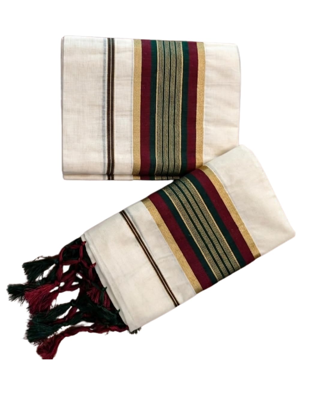 Cotton Set Mundu Cream Multicolour Stripes with Tassels-image-19