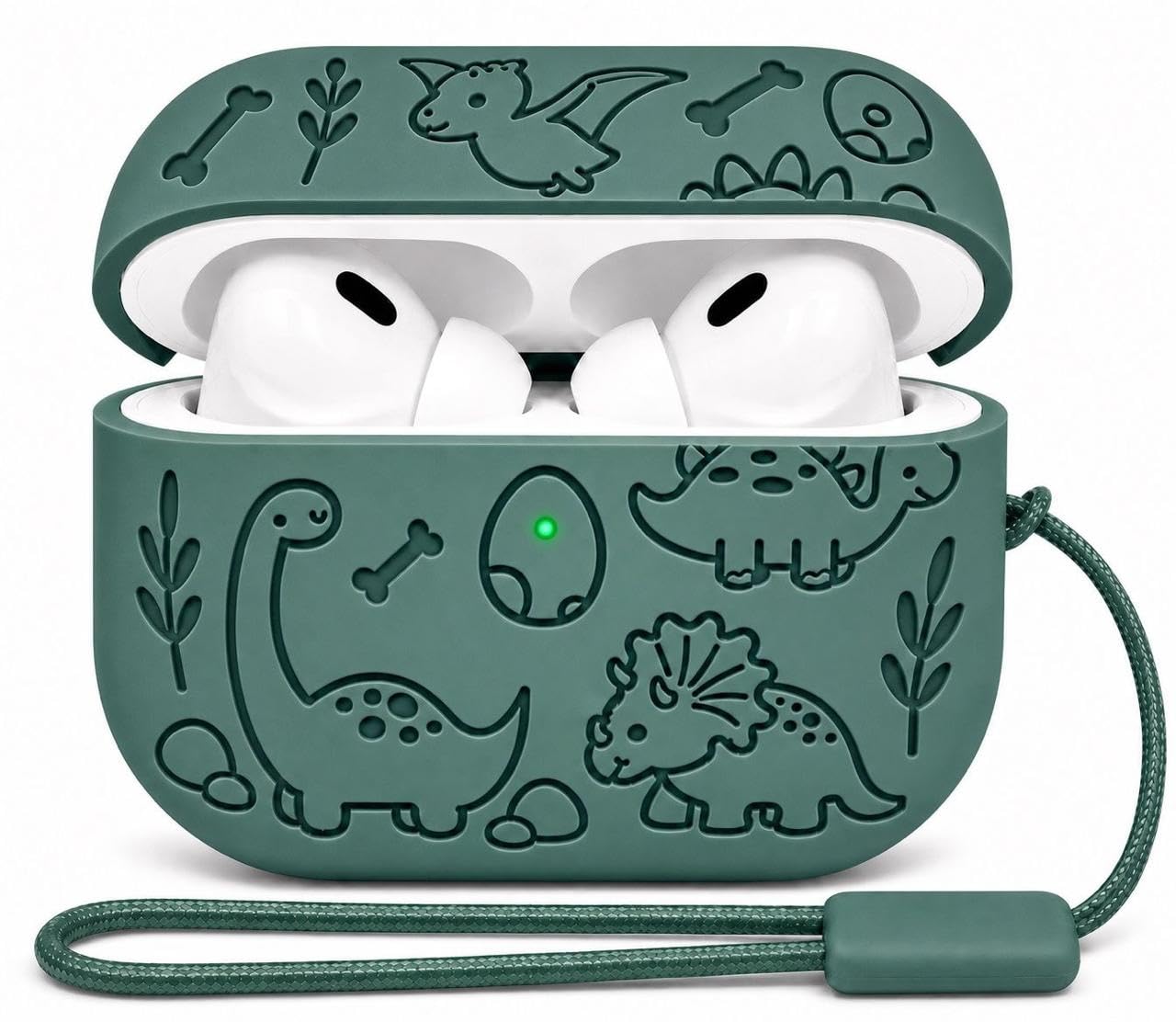 emoh roced case for airpods pro 2 with lanyard,silicone dinosaur engraved cases compatible with apple airpods pro 2nd generation 2022, anti-scratch, protective case cover (dark green)