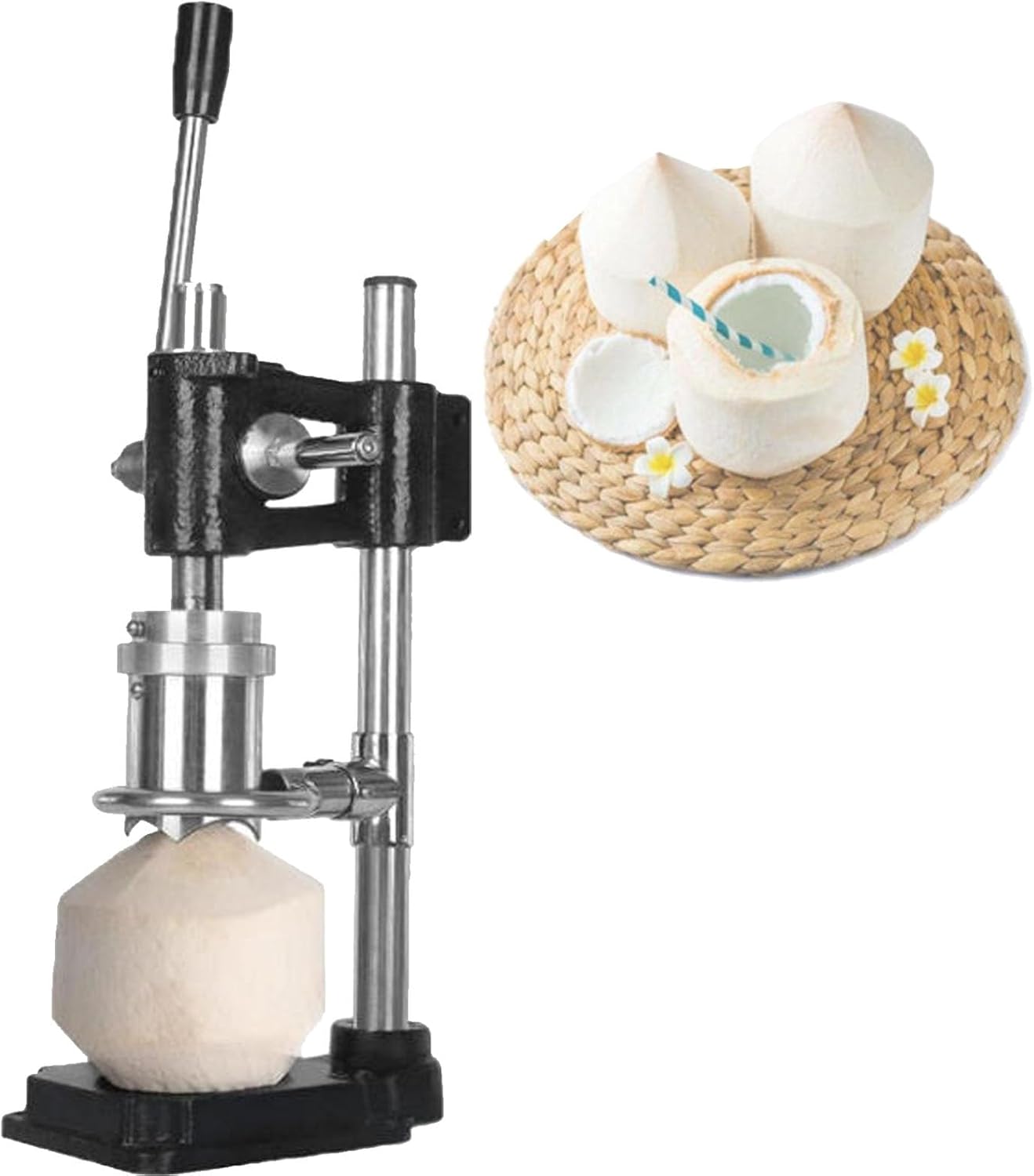 Manual Coconut Hole Opening Machine, Opener Tool, Fast 2-5s for Young, Green Coconuts, Labor-Saving Lever, Anti-Wobble Groove, Thick Stable Base, Stainless Steel, Easy Clean(Black)