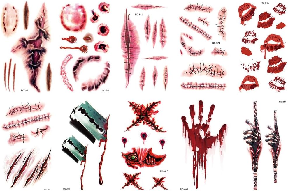 (10pcs) Bloody Halloween Party Temporary Tattoo Stickers Scars Wounds