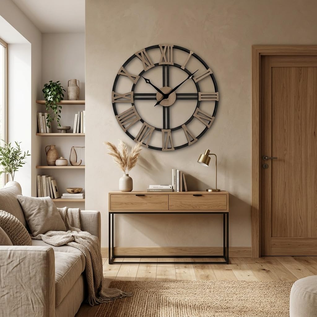 FLEXISTYLE Reloj de Pared Grande EKO XXL sin Ruido de tictac Loft Grande Negro y Roble 80 cm (Grosor 19 mm), para salón, Dormitorio