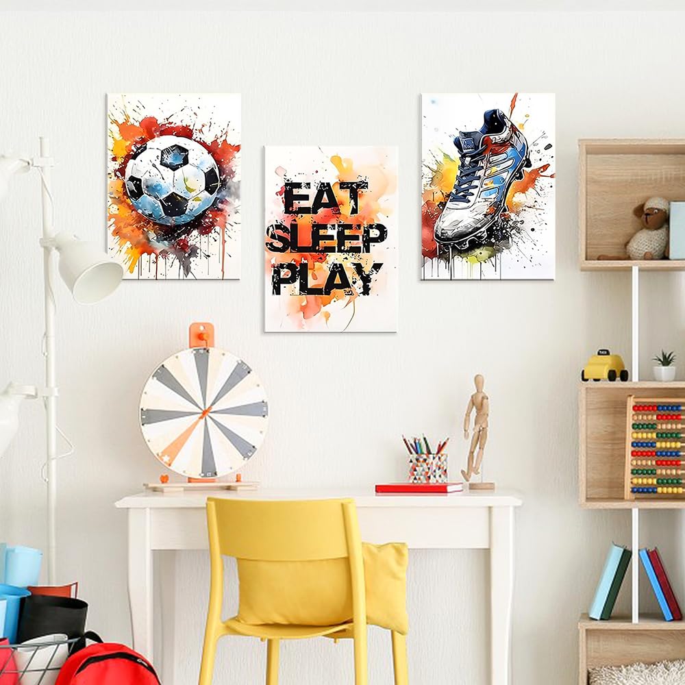 Set di 3 stampe di calcio per la cameretta dei ragazzi, decorazione murale con citazioni sportive motivazionali per la camera da letto degli